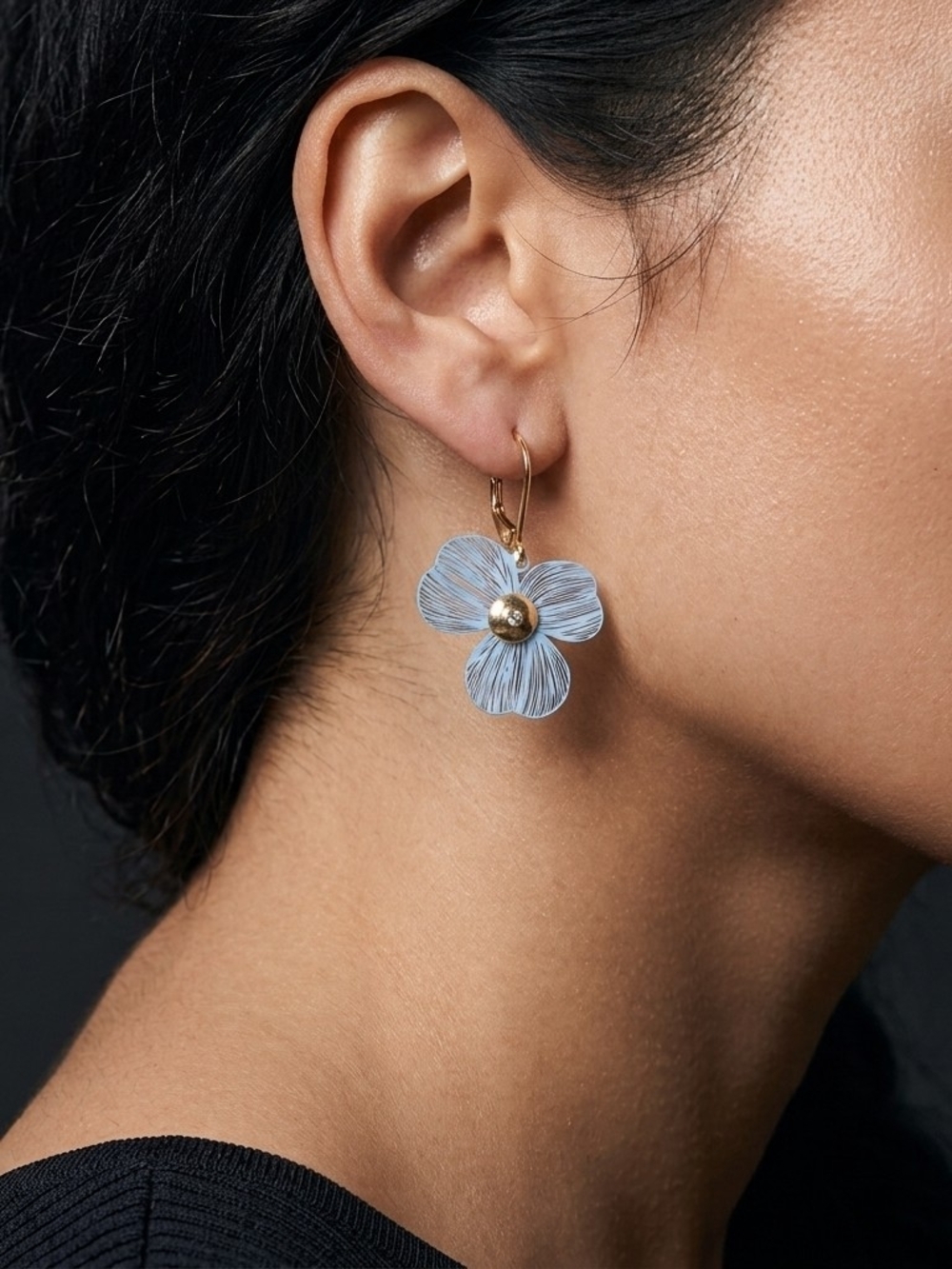 Anthropologie Delicate Blue Wire Flower Earrings Gold